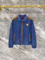 Gucci Men Blue All‑Over Monogram Print Tan Spliced Leather Badge Zip‑Up Jacket & Drawstring Pants Outfit Set - Image 2