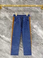 Gucci Men Blue All‑Over Monogram Print Tan Spliced Leather Badge Zip‑Up Jacket & Drawstring Pants Outfit Set - Image 3