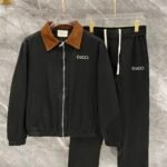 Gucci Men Black Tone‑on‑Tone Monogram Print Suede‑Look Contrast Collar Zip‑Up Jacket & Drawstring Pants Outfit Set