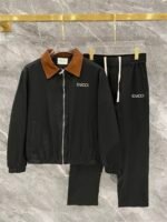 Gucci Men Black Tone‑on‑Tone Monogram Print Suede‑Look Contrast Collar Zip‑Up Jacket & Drawstring Pants Outfit Set