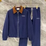 Gucci Men Navy Tone‑on‑Tone Monogram Jacquard Suede‑Look Contrast Collar Zip‑Up Jacket & Drawstring Pants  Outfit Set