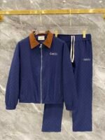 Gucci Men Navy Tone‑on‑Tone Monogram Jacquard Suede‑Look Contrast Collar Zip‑Up Jacket & Drawstring Pants  Outfit Set
