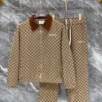 Gucci Men Khaki All‑Over Monogram Jacquard Suede‑Look Contrast Collar Zip‑Up Jacket & Drawstring Pants Outfit Set