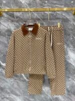 Gucci Men Khaki All‑Over Monogram Jacquard Suede‑Look Contrast Collar Zip‑Up Jacket & Drawstring Pants Outfit Set