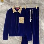 Gucci Men Royal Blue Velvet Monogram‑Patchwork Collar & Pocket Zip‑Up Jacket & Drawstring Pants Outfit Set