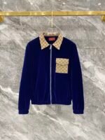 Gucci Men Royal Blue Velvet Monogram‑Patchwork Collar & Pocket Zip‑Up Jacket & Drawstring Pants Outfit Set - Image 2