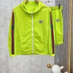 Gucci Men Neon Green Hooded Zip‑Up Jacket & Elastic Waist Shorts Tracksuit Set With Web Stripe Embroidered Badge