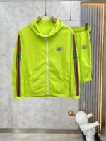 Gucci Men Neon Green Hooded Zip‑Up Jacket & Elastic Waist Shorts Tracksuit Set With Web Stripe Embroidered Badge