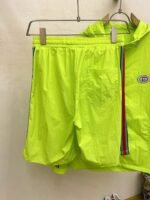 Gucci Men Neon Green Hooded Zip‑Up Jacket & Elastic Waist Shorts Tracksuit Set With Web Stripe Embroidered Badge - Image 3