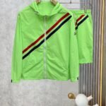 Gucci Men Bright Green Hooded Zip‑Up Jacket & Drawstring Waist Shorts Set Diagonal Contrast Webbing Badge