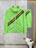 Gucci Men Bright Green Hooded Zip‑Up Jacket & Drawstring Waist Shorts Set Diagonal Contrast Webbing Badge