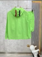 Gucci Men Bright Green Hooded Zip‑Up Jacket & Drawstring Waist Shorts Set Diagonal Contrast Webbing Badge - Image 2