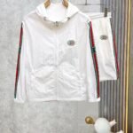 Gucci Men White Hooded Zip‑Up Jacket & Elastic Waist Shorts Tracksuit Set With Web Stripe Embroidered Badge