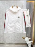 Gucci Men White Hooded Zip‑Up Jacket & Elastic Waist Shorts Tracksuit Set With Web Stripe Embroidered Badge
