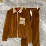 Gucci Men Velvet Tracksuit Set GG Monogram Patchwork Zip‑Up Collar Jacket + Drawstring Sweatpants 2pcs Outfit