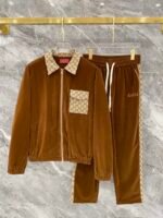 Gucci Men Velvet Tracksuit Set GG Monogram Patchwork Zip‑Up Collar Jacket + Drawstring Sweatpants 2pcs Outfit