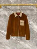 Gucci Men Velvet Tracksuit Set GG Monogram Patchwork Zip‑Up Collar Jacket + Drawstring Sweatpants 2pcs Outfit - Image 2