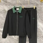 Gucci Men Windbreaker Tracksuit Set GG Monogram Collar Zip‑Up Jacket Straight‑Leg Pants 2pcs Black Outfit