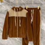 Gucci Men Velvet Tracksuit Set GG Monogram Hooded Zip‑Up Jacket Jogger Sweatpants 2pcs Outfit