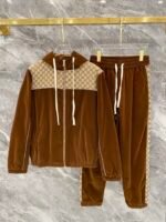 Gucci Men Velvet Tracksuit Set GG Monogram Hooded Zip‑Up Jacket Jogger Sweatpants 2pcs Outfit