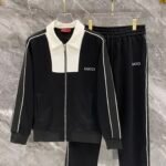 Gucci Men Knit Tracksuit Set Color‑Block Collar Zip‑Up Jacket Straight‑Leg Sweatpants 2pcs Black Outfit