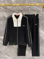 Gucci Men Knit Tracksuit Set Color‑Block Collar Zip‑Up Jacket Straight‑Leg Sweatpants 2pcs Black Outfit
