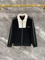 Gucci Men Knit Tracksuit Set Color‑Block Collar Zip‑Up Jacket Straight‑Leg Sweatpants 2pcs Black Outfit - Image 2