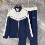Gucci Men Knit Tracksuit Set Color‑Block Stand Collar Zip‑Up Jacket + Straight‑Leg Sweatpants 2pcs Navy Outfit