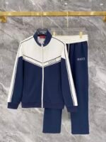 Gucci Men Knit Tracksuit Set Color‑Block Stand Collar Zip‑Up Jacket + Straight‑Leg Sweatpants 2pcs Navy Outfit