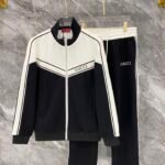 Gucci Men Knit Tracksuit Set Color‑Block Stand Collar Zip‑Up Jacket Straight‑Leg Sweatpants 2pcs Black Outfit