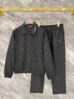 Gucci Men Woven Tracksuit Set Embossed Monogram Collared Zip‑Up Jacket Straight‑Leg Pants 2pcs Black Outfit