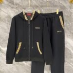 Gucci Men Knit Tracksuit Set Monogram Trim Hooded Zip‑Up Jacket Straight‑Leg Sweatpants 2pcs Black Outfit