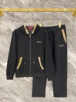 Gucci Men Knit Tracksuit Set Monogram Trim Hooded Zip‑Up Jacket Straight‑Leg Sweatpants 2pcs Black Outfit