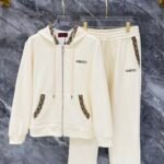 Gucci Men Knit Tracksuit Set Monogram Trim Hooded Zip‑Up Jacket Straight‑Leg Sweatpants 2pcs Off‑White Outfit