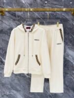 Gucci Men Knit Tracksuit Set Monogram Trim Hooded Zip‑Up Jacket Straight‑Leg Sweatpants 2pcs Off‑White Outfit