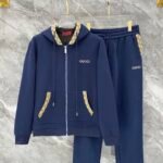 Gucci Men Knit Tracksuit Set Monogram Trim Hooded Zip‑Up Jacket Straight‑Leg Sweatpants 2pcs Navy Outfit