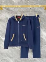 Gucci Men Knit Tracksuit Set Monogram Trim Hooded Zip‑Up Jacket Straight‑Leg Sweatpants 2pcs Navy Outfit