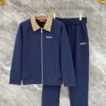 Gucci Men Knit Tracksuit Set Monogram Collar Zip‑Up Jacket Straight‑Leg Sweatpants 2pcs Navy Outfit