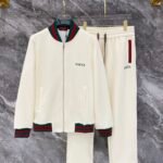 Gucci Men Knit Tracksuit Set Web Stripe Baseball Collar Zip‑Up Jacket Straight‑Leg Sweatpants 2pcs Off‑White Outfit