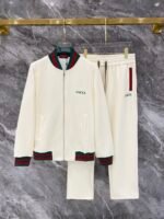 Gucci Men Knit Tracksuit Set Web Stripe Baseball Collar Zip‑Up Jacket Straight‑Leg Sweatpants 2pcs Off‑White Outfit