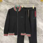 Gucci Men Knit Tracksuit Set Web Stripe Baseball Collar Zip‑Up Jacket Straight‑Leg Sweatpants 2pcs Black Outfit