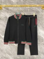 Gucci Men Knit Tracksuit Set Web Stripe Baseball Collar Zip‑Up Jacket Straight‑Leg Sweatpants 2pcs Black Outfit