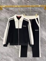 Gucci Men Knit Tracksuit Set Color‑Block Collar Zip‑Up Jacket Straight‑Leg Sweatpants 2pcs Black‑White Outfit