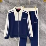 Gucci Men Knit Tracksuit Set Color‑Block Collar Zip‑Up Jacket Straight‑Leg Sweatpants 2pcs Navy‑White Outfit