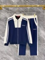 Gucci Men Knit Tracksuit Set Color‑Block Collar Zip‑Up Jacket Straight‑Leg Sweatpants 2pcs Navy‑White Outfit