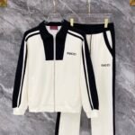 Gucci Men Knit Tracksuit Set Color‑Block Collar Zip‑Up Jacket Straight‑Leg Sweatpants 2pcs Off‑White‑Black Outfit