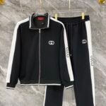 Gucci Men Knit Tracksuit Set Stand Collar Zip‑Up Jacket Interlocking G Embroidery Straight‑Leg Sweatpants 2pcs Black‑White Outfit