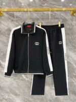 Gucci Men Knit Tracksuit Set Stand Collar Zip‑Up Jacket Interlocking G Embroidery Straight‑Leg Sweatpants 2pcs Black‑White Outfit