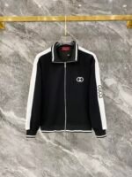 Gucci Men Knit Tracksuit Set Stand Collar Zip‑Up Jacket Interlocking G Embroidery Straight‑Leg Sweatpants 2pcs Black‑White Outfit - Image 2