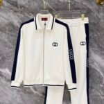 Gucci Men Interlocking G Embroidery Lapel Zip‑Up Tracksuit 2pcs Set Off‑White Navy Outfit